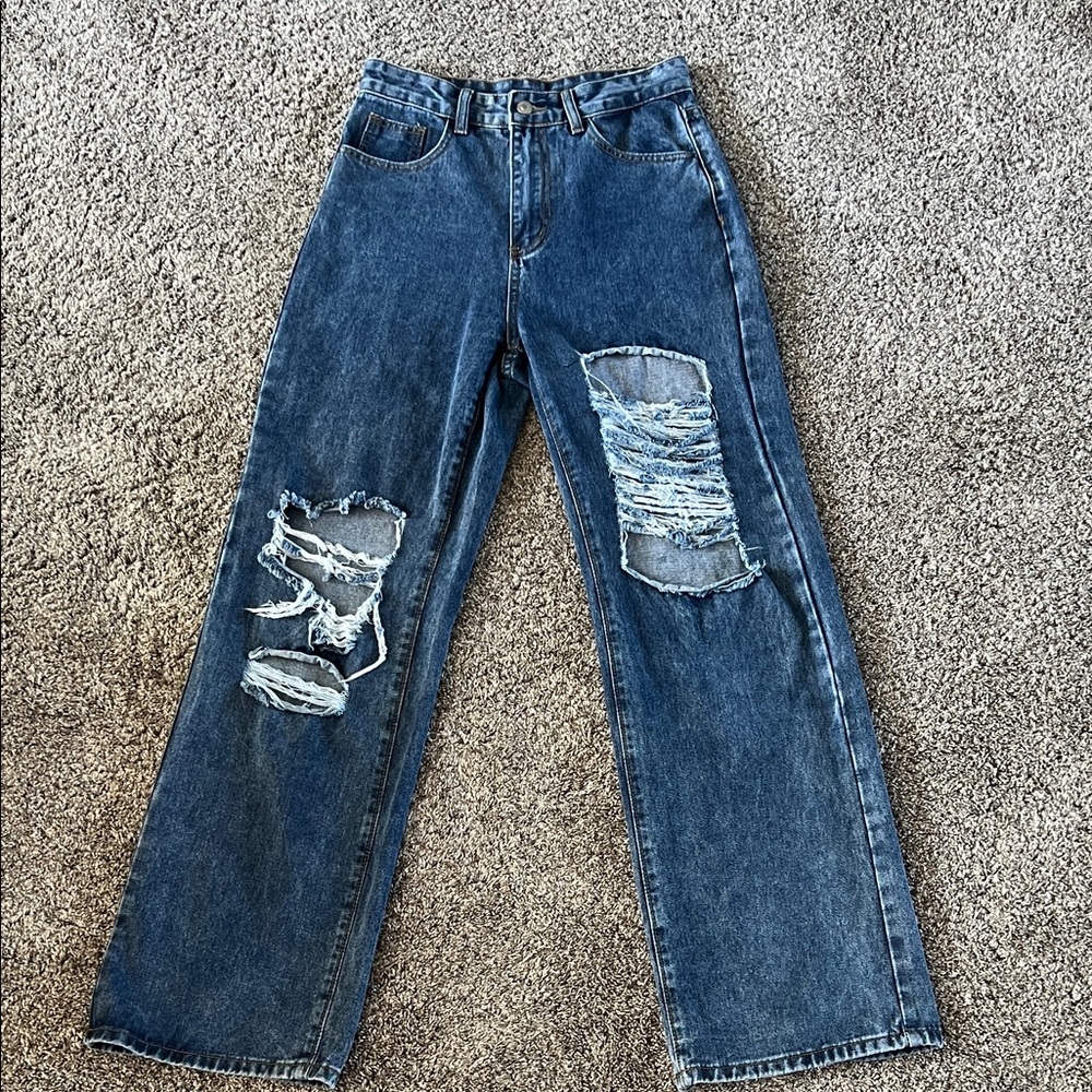 SHEIN Women’s high waisted Dark Blue Straight Ripped Jeans
